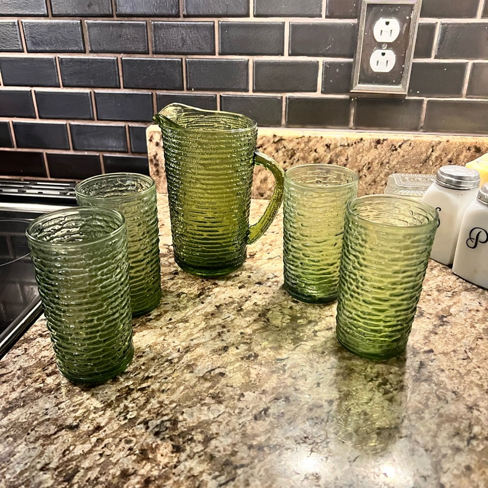 MCM Vintage Green Glass Pitcher and Tumbler Set